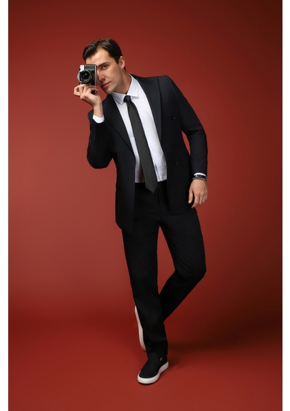 Slim Fit Dar Kesim Pamuklu Lyocell Kruvaze Takım Elbise