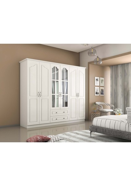 Venita Camlı 6 Kapaklı 2 Çekmeceli Gardırop