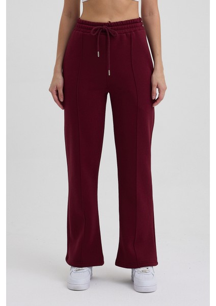 Kadın Yüksek Bel Nervürlü Kışlık Polarlı Paça Dikişli Bol Paça Eşofman Altı Bordo