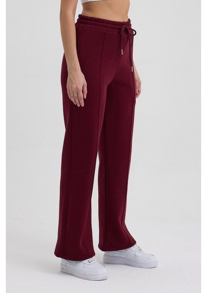 Kadın Yüksek Bel Nervürlü Kışlık Polarlı Paça Dikişli Bol Paça Eşofman Altı Bordo fiyatları