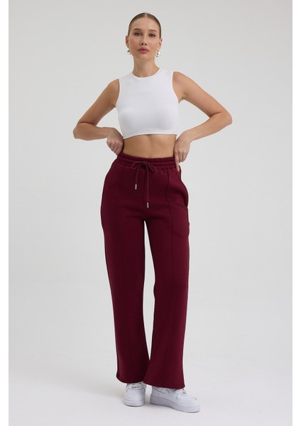 Kadın Yüksek Bel Nervürlü Kışlık Polarlı Paça Dikişli Bol Paça Eşofman Altı Bordo indirimleri