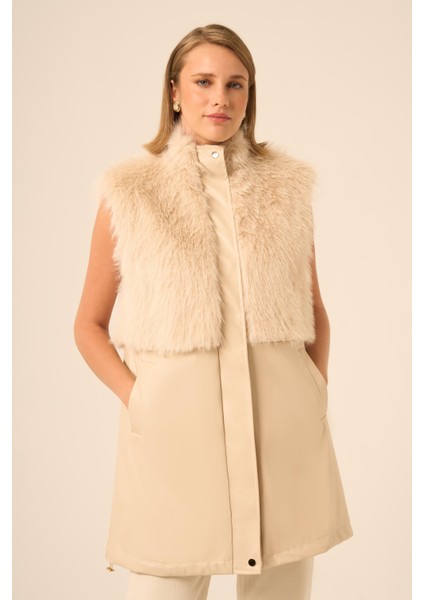 Bayan Pelüs Detay Deri Yelek Beige 31243