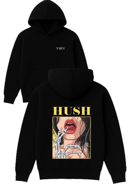 Hush Tasarım Baskılı Oversize Siyah Kapüşonlu Sweatshirt