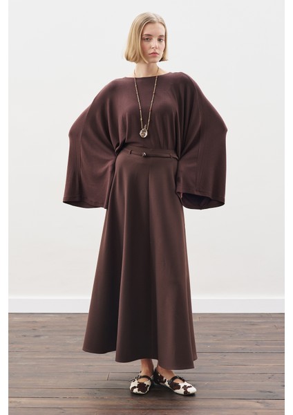 Kemer Detaylı Kloş Etek Acı Kahve