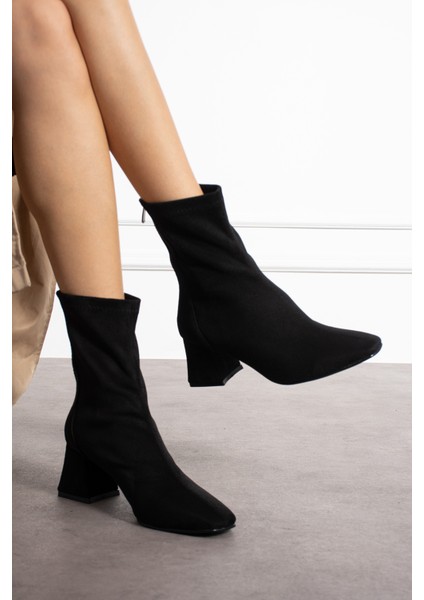 Alvis Siyah Süet Renkli Kalın Topuk Streç Kadın Bot