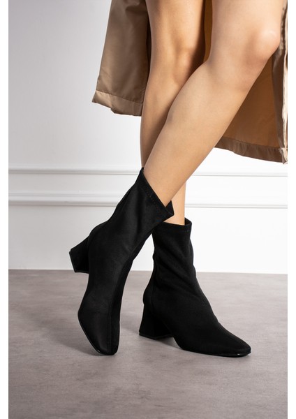Alvis Siyah Süet Renkli Kalın Topuk Streç Kadın Bot modelleri