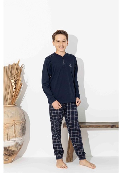 Tarık 10-15 Yaş Erkek Çocuk T Arma Nakış Interlok Pijama Takımı 5100320 - Lacivert