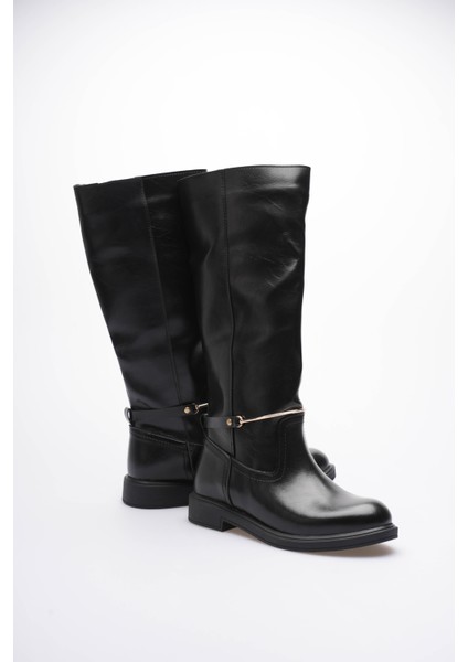 Kadın Deri Çekme Çizme Gold Tokalı Siyah Rionna
