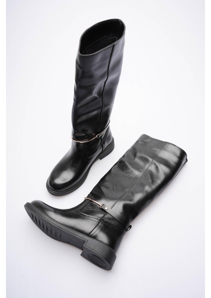 Kadın Deri Çekme Çizme Gold Tokalı Siyah Rionna modelleri