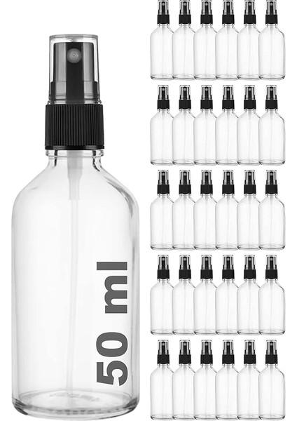 Şeffaf 50 ml Plastik Kapaklı Siyah Sprey Fısfıs Kolonya Dezenfektan Cam Şişe 30 Adet