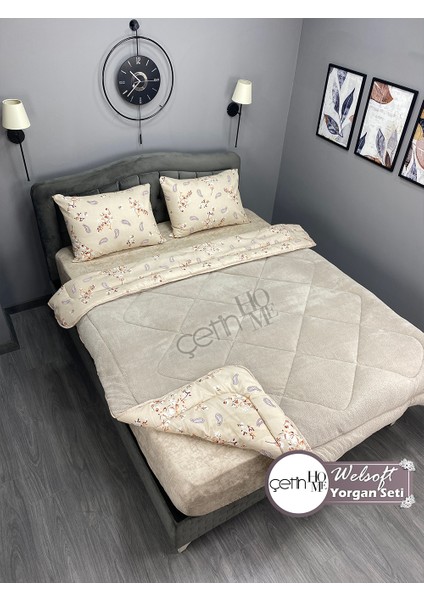 Çetinhome Çift Kişilik Desenli Welsoft Yorgan Seti Lavinya Bej (Çarşafsız)