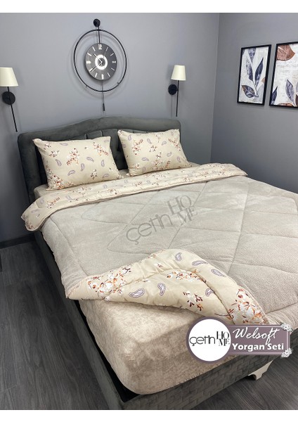 Çetinhome Çift Kişilik Desenli Welsoft Yorgan Seti Lavinya Bej (Çarşafsız) fiyatları