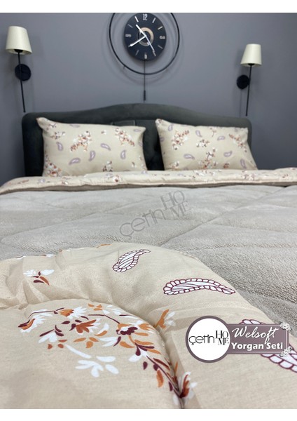 Çetinhome Çift Kişilik Desenli Welsoft Yorgan Seti Lavinya Bej (Çarşafsız) indirimleri