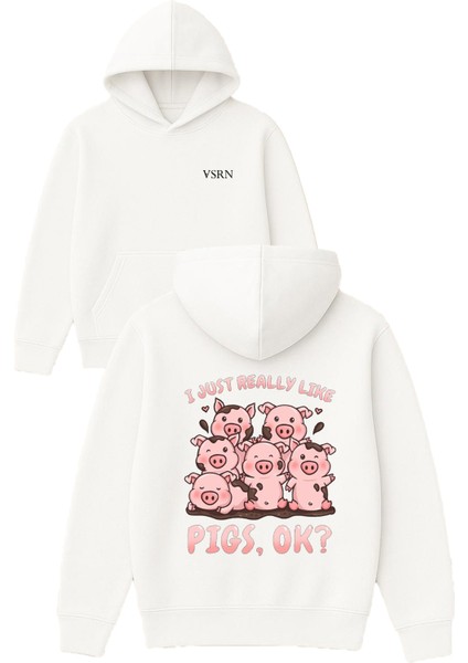 6 Tatlı Domuz Tasarım Baskılı Oversize Beyaz Kapüşonlu Sweatshirt