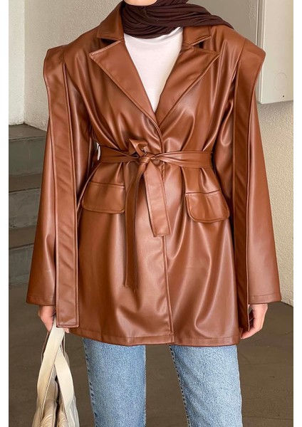Kruvaze Yaka Kuşaklı Deri Ceket Kahverengi modelleri