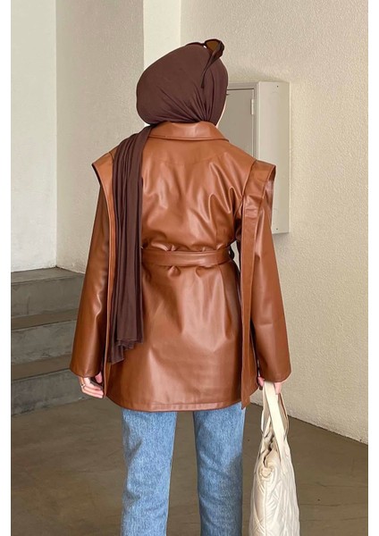 Kruvaze Yaka Kuşaklı Deri Ceket Kahverengi fırsatları