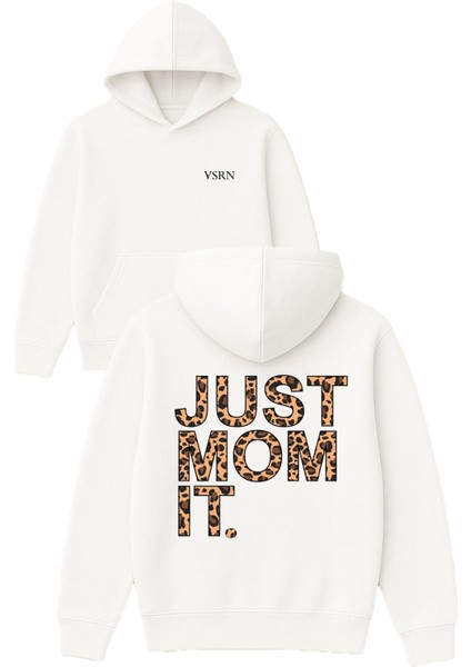 Just Mom It Tasarım Baskılı Oversize Beyaz Kapüşonlu Sweatshirt