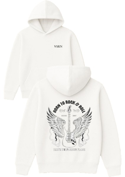 Born To Rock And Roll Tasarım Baskılı Oversize Beyaz Kapüşonlu Sweatshirt