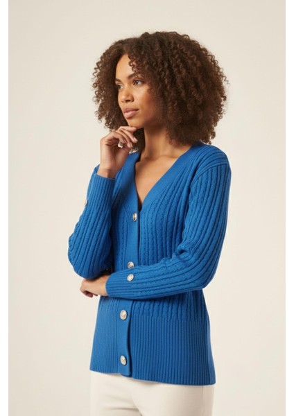 Kadın Saç Örgülü Hırka Mavi 25238