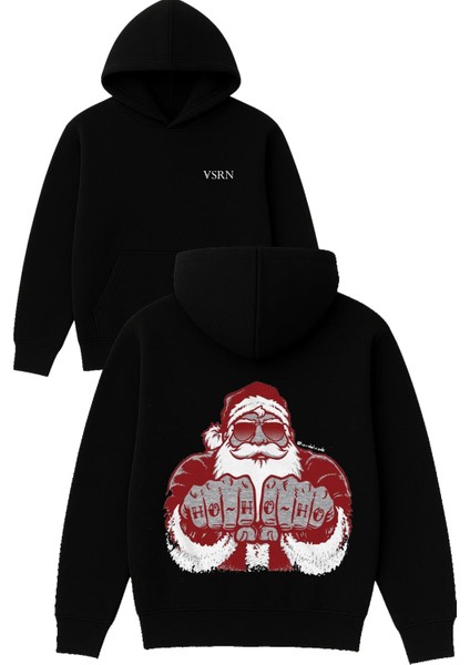 Hoho Noel Baba Tasarım Baskılı Oversize Siyah Kapüşonlu Sweatshirt