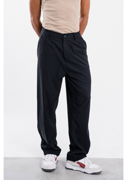 Erkek Siyah Baggy Bol Kumaş Pantolon Dökümlü