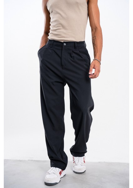 Erkek Siyah Baggy Bol Kumaş Pantolon Dökümlü modelleri