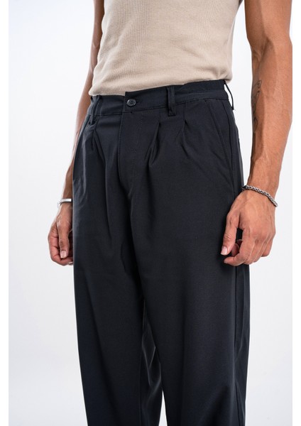 Erkek Siyah Baggy Bol Kumaş Pantolon Dökümlü