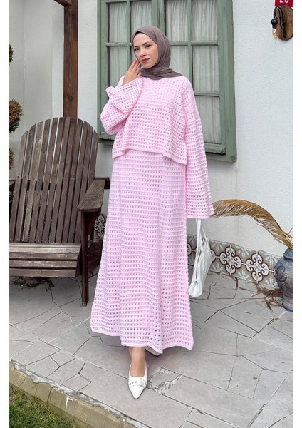 Ajurlu Triko Tesettür Takım Şeker Pembesi