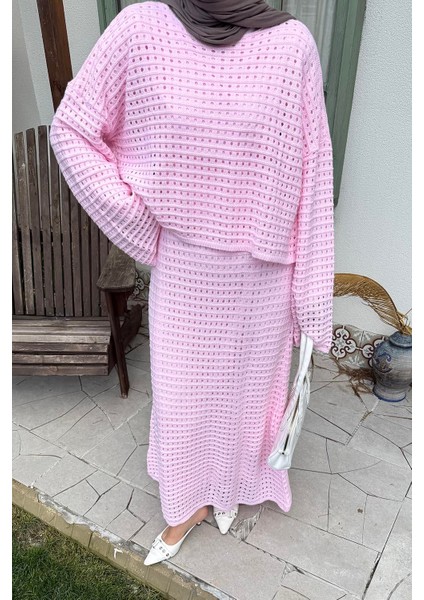 Ajurlu Triko Tesettür Takım Şeker Pembesi modelleri