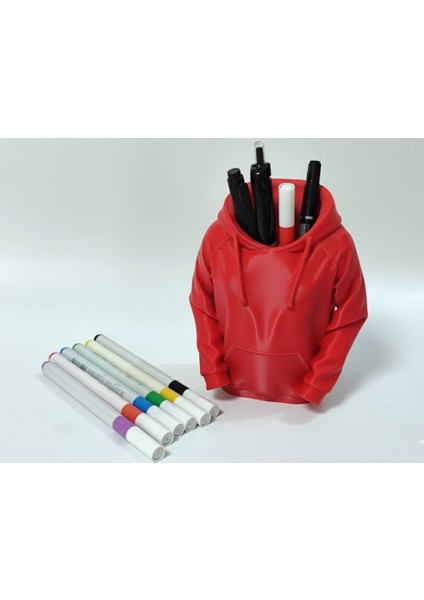 3D Kırmızı Kapüşonlu Sweatshirt Tasarımlı Kalemlik | Masaüstü Organizer | Dekoratif Kalem Standı