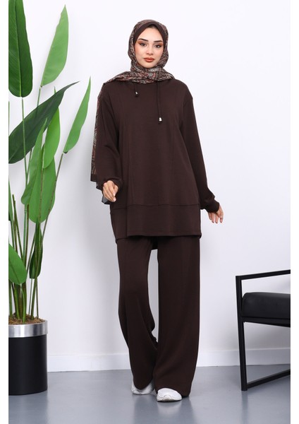 Kahverengi Kapşonlu Tunik Pantolonlu Takım