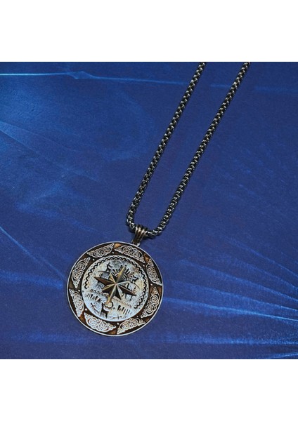 Pusula Figürlü El Işçiliği 925 Ayar Gümüş Erkek Kolye