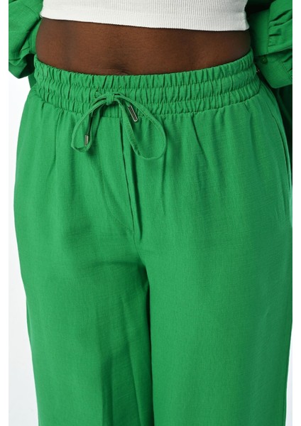 Kadın Rahat Kalıp Bol Paça Beli Lastikli Düz Renk Pantolon modelleri
