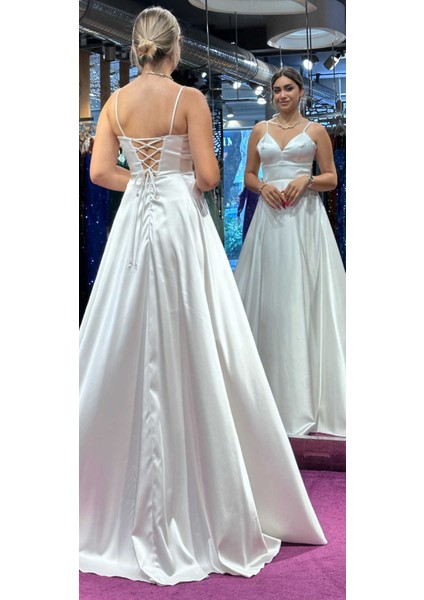 Beyaz Ip Askılı Sırt Dekolteli Anvelop Yırtmaçlı Kloş Etekli Saten Uzun Abiye Elbise 6777 indirimleri