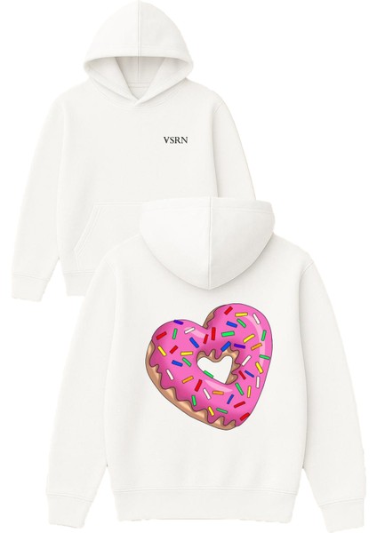 Kalp Donat Tasarım Baskılı Oversize Beyaz Kapüşonlu Sweatshirt