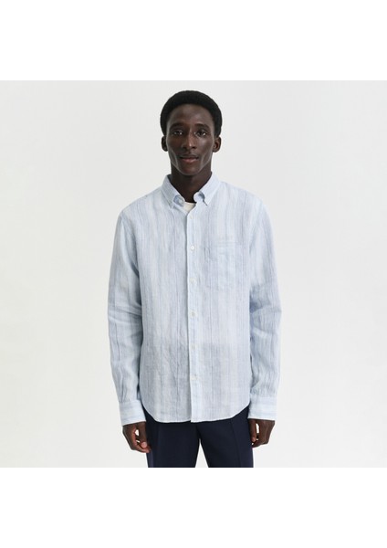 Erkek Mavi Regular Fit Düğmeli Yaka Çizgili Gömlek