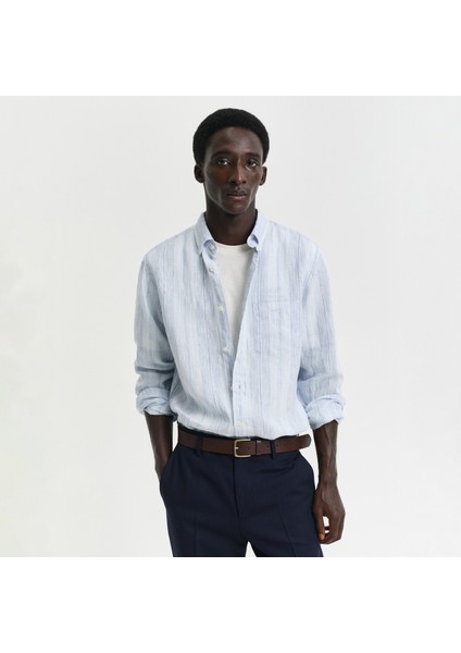 Erkek Mavi Regular Fit Düğmeli Yaka Çizgili Gömlek fiyatları
