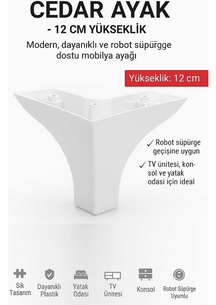 Cedar 12 cm Koltuk Yatak Odası Tv Ünitesi Konsol ve Sehpa Genç ve Çocuk Odası Ayağı Beyaz