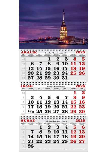 2026 Yılı Gemici Takvim-Kız Kulesi ve Istanbul Işıkları