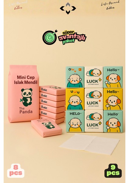 Figürlü Çocuk Okul Hijyen Seti 8li Islak Mendil 9lu Peçete Kağıt Mendil Taşınabilir Islak Mendil