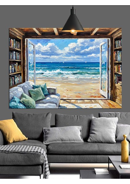 Deniz Manzaralı Açık Pencere Dekoratif Kanvas - Mdf Ahşap Tablo