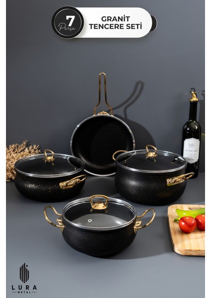 7 Parça Siyah Granit Gold Kulp Tencere Seti – Gold Metal Kulplu, 24 cm / Tava Seti / Cam Kapak Tencere / 7 Parça, 24 Cm, Yapışmaz, 5 Litre