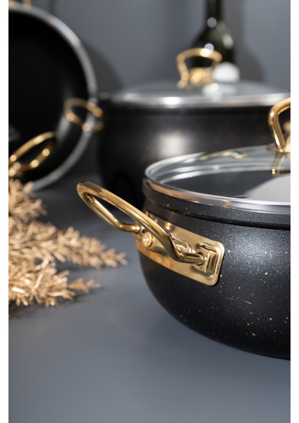 7 Parça Siyah Granit Gold Kulp Tencere Seti – Gold Metal Kulplu, 24 cm / Tava Seti / Cam Kapak Tencere / 7 Parça, 24 Cm, Yapışmaz, 5 Litre modelleri