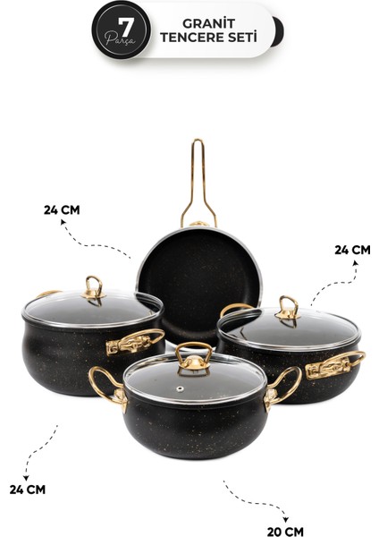 7 Parça Siyah Granit Gold Kulp Tencere Seti – Gold Metal Kulplu, 24 cm / Tava Seti / Cam Kapak Tencere / 7 Parça, 24 Cm, Yapışmaz, 5 Litre fırsatları