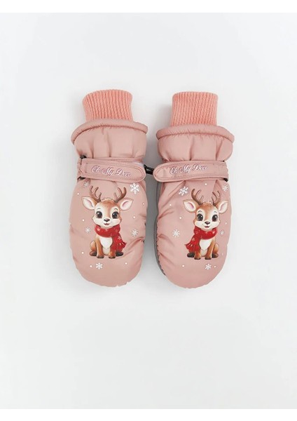 Geyik Baskılı Kız Çocuk Kar Eldiveni (W5)