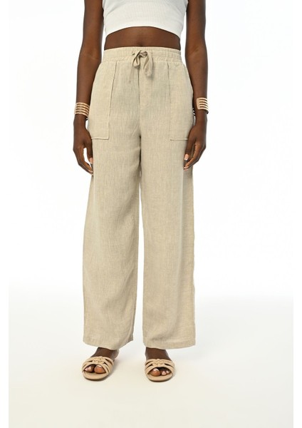 Kadın Rahat Kalıp Bol Paça Natur Pantolon
