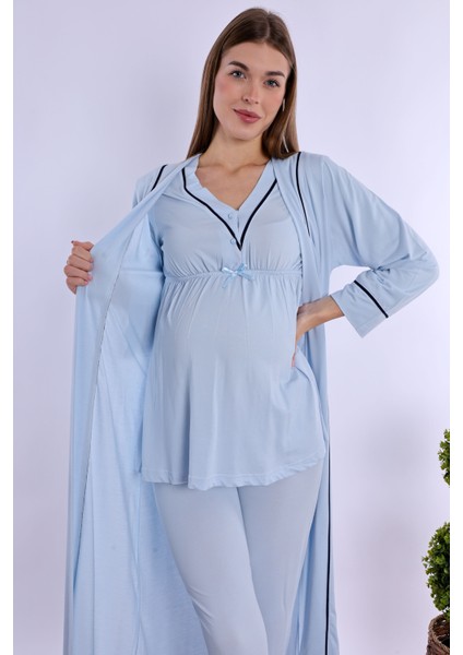 Mavi Sabahlıklı Hamile Lohusa Pijama Takımı