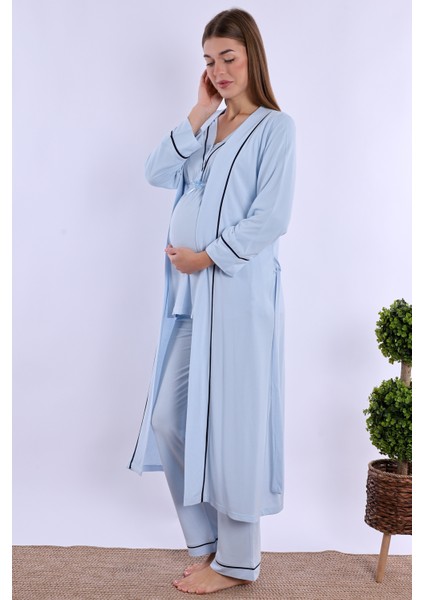 Mavi Sabahlıklı Hamile Lohusa Pijama Takımı