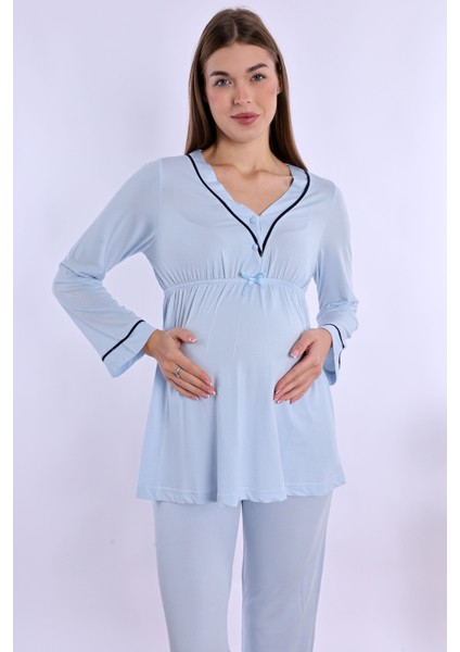 Mavi Sabahlıklı Hamile Lohusa Pijama Takımı