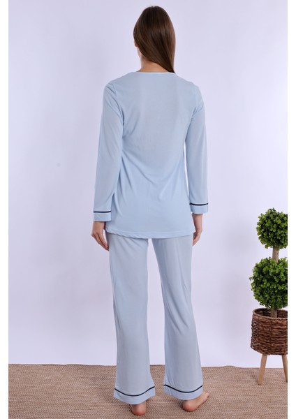 Mavi Sabahlıklı Hamile Lohusa Pijama Takımı